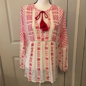 Sundance pink and white patterned flowy long sleeve boho blouse size M